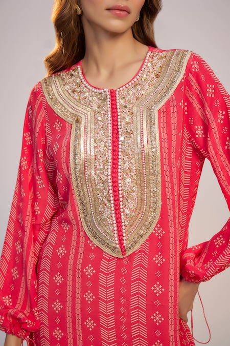 Buy_Nadima Saqib_Fuchsia Crepe Sequins, Pearls, Fringe Fuschia Pink Printed And Embroidered Kaftan _Online_at_Aza_Fashions