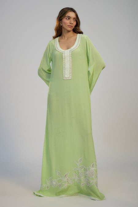 Nadima Saqib Lime Green Printed & Embroidered Kaftan 