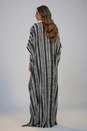 Shop Nadima Saqib Black Crepe Lace Round Neck Stripes Printed And Embroidered Kaftan at Aza Fashions Shop_Nadima Saqib_Black Crepe Lace Round Neck Stripes Printed And Embroidered Kaftan _at_Aza_Fashions