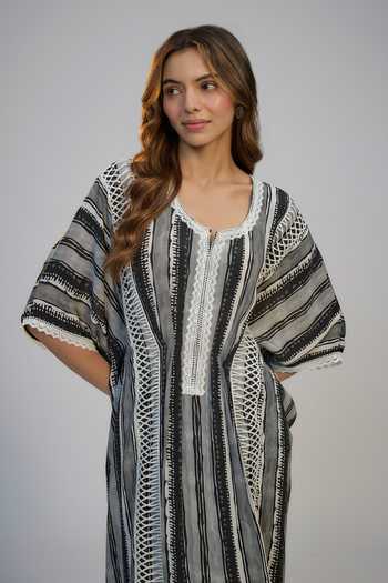 Nadima Saqib Black Crepe Lace Round Neck Stripes Printed And Embroidered Kaftan Online at Aza Fashions Nadima Saqib_Black Crepe Lace Round Neck Stripes Printed And Embroidered Kaftan _Online_at_Aza_Fashions