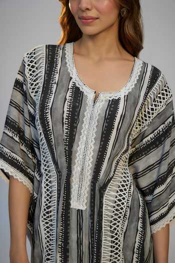 Buy Nadima Saqib Black Crepe Lace Round Neck Stripes Printed And Embroidered Kaftan Online at Aza Fashions Buy_Nadima Saqib_Black Crepe Lace Round Neck Stripes Printed And Embroidered Kaftan _Online_at_Aza_Fashions