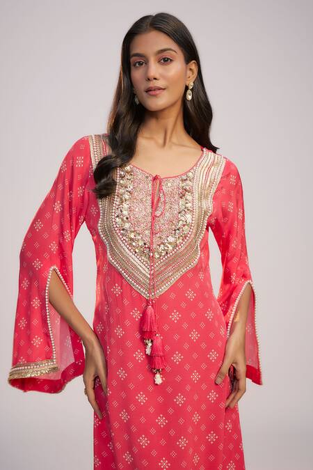 Nadima Saqib_Fuchsia Crepe Sequins, Fringe Fuschia Pink Printed And Embroidered Kaftan Dress _Online_at_Aza_Fashions