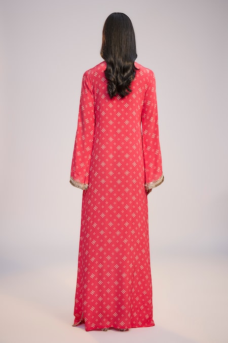 Nadima Saqib Fuschia Pink Printed & Embroidered Kaftan Dress 