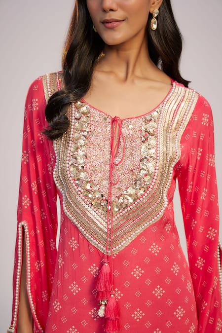 Buy_Nadima Saqib_Fuchsia Crepe Sequins, Fringe Fuschia Pink Printed And Embroidered Kaftan Dress _Online_at_Aza_Fashions