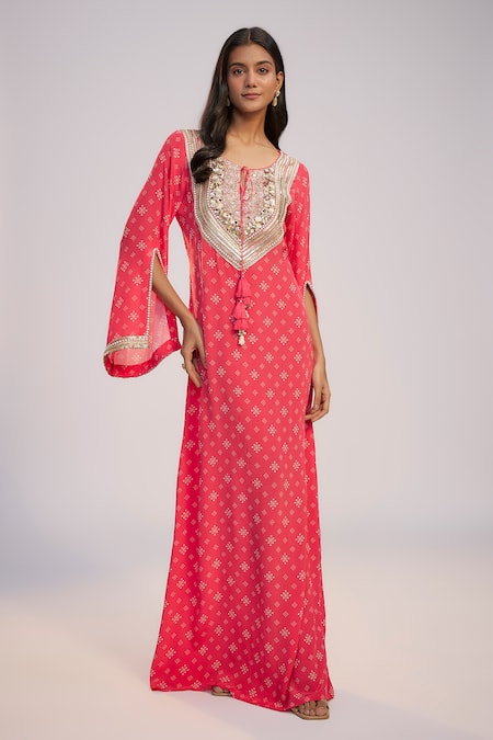 Nadima Saqib Fuschia Pink Printed & Embroidered Kaftan Dress 