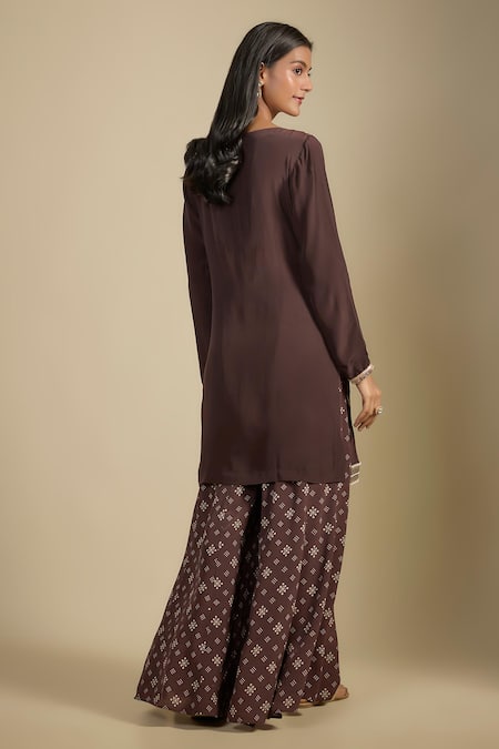 Shop Nadima Saqib Brown Crepe, Georgette Sequins, Pearls Scoop Printed And Embroidered Sharara Set at Aza Fashions Shop_Nadima Saqib_Brown Crepe, Georgette Sequins, Pearls Scoop Printed And Embroidered Sharara Set _at_Aza_Fashions