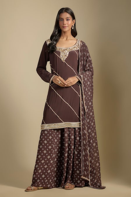 Nadima Saqib Brown Printed & Embroidered Sharara Set 