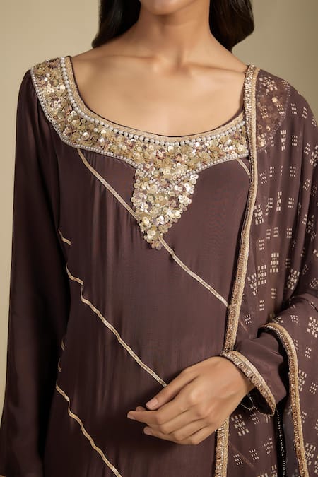 Shop Nadima Saqib Brown Crepe, Georgette Sequins, Pearls Scoop Printed And Embroidered Sharara Set Online at Aza Fashions Shop_Nadima Saqib_Brown Crepe, Georgette Sequins, Pearls Scoop Printed And Embroidered Sharara Set _Online_at_Aza_Fashions