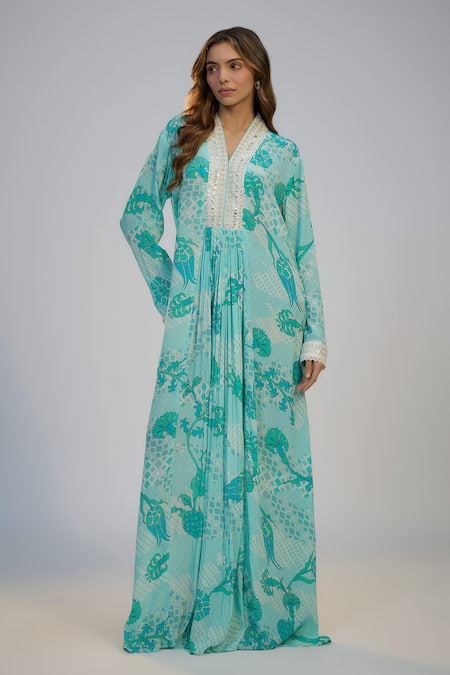 Nadima Saqib Cyan Blue Printed & Embroidered Kaftan Dress 