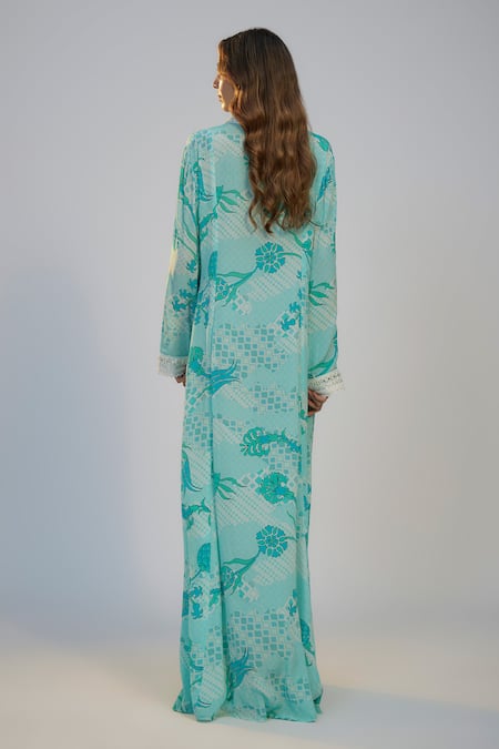 Nadima Saqib Cyan Blue Printed & Embroidered Kaftan Dress 