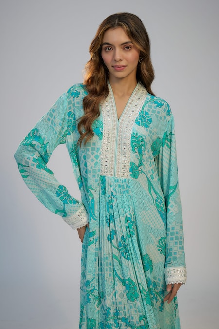 Nadima Saqib_Blue Crepe Sequins, Lace V-neck Cyan Printed And Embroidered Kaftan Dress _Online_at_Aza_Fashions