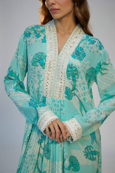 Buy_Nadima Saqib_Blue Crepe Sequins, Lace V-neck Cyan Printed And Embroidered Kaftan Dress _Online_at_Aza_Fashions