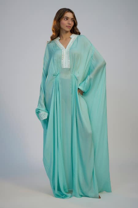 Nadima Saqib Cyan Blue Printed & Embroidered Kaftan 