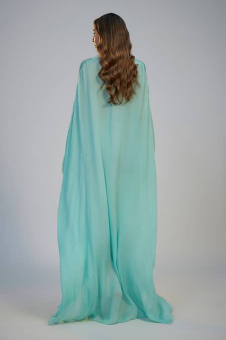 Nadima Saqib Cyan Blue Printed & Embroidered Kaftan 