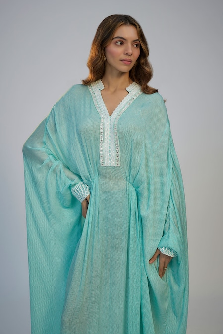 Buy_Nadima Saqib_Blue Cotton Sequins, Lace V-neck Cyan Printed And Embroidered Kaftan _Online_at_Aza_Fashions