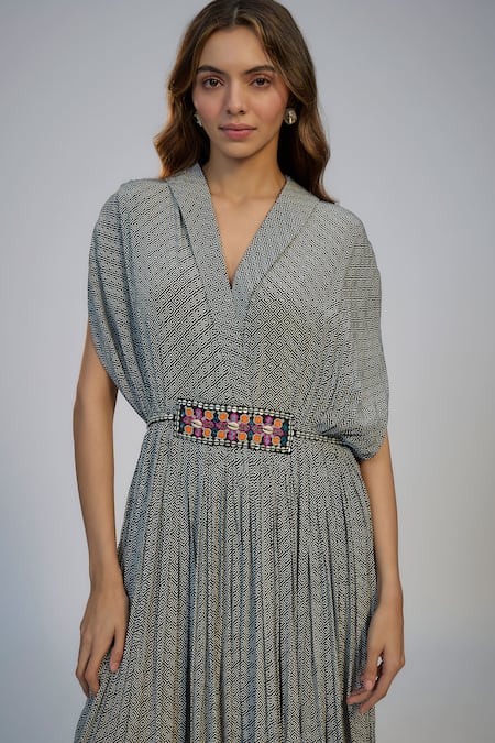 Nadima Saqib_Black Crepe Beads V-neck Printed And Embroidered Jumpsuit _Online_at_Aza_Fashions