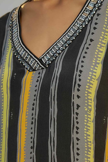 Nadima Saqib Black Crepe Sequins, Pearls, Fringe V-neck Yellow Stripe Print And Kaftan Dress Online at Aza Fashions Nadima Saqib_Black Crepe Sequins, Pearls, Fringe V-neck Yellow Stripe Print And Kaftan Dress _Online_at_Aza_Fashions