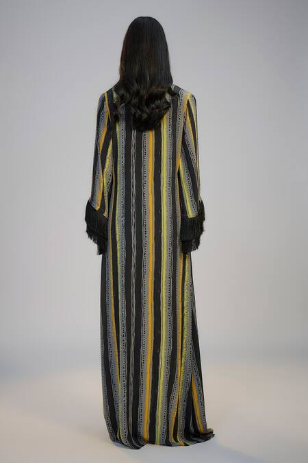 Nadima Saqib Black Yellow Stripe Print & Kaftan Dress 