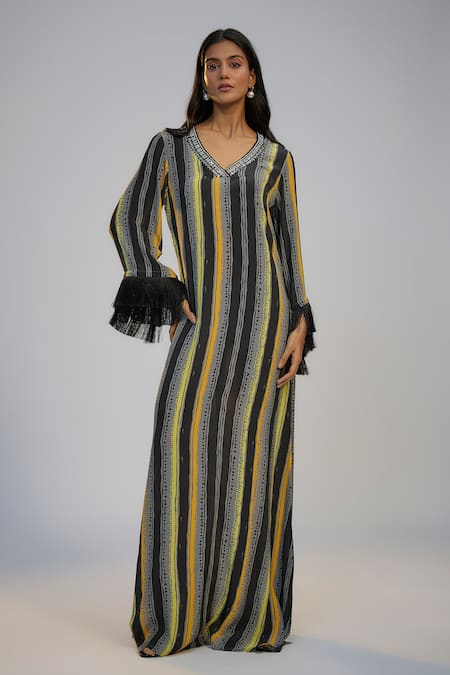 Nadima Saqib Black Yellow Stripe Print & Kaftan Dress 