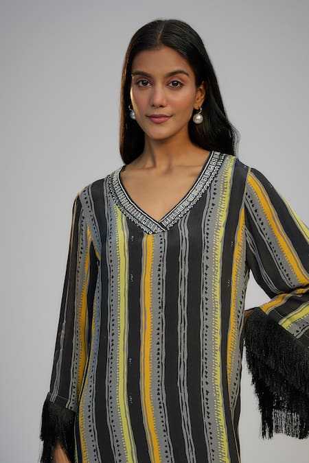 Buy Nadima Saqib Black Crepe Sequins, Pearls, Fringe V-neck Yellow Stripe Print And Kaftan Dress Online at Aza Fashions Buy_Nadima Saqib_Black Crepe Sequins, Pearls, Fringe V-neck Yellow Stripe Print And Kaftan Dress _Online_at_Aza_Fashions