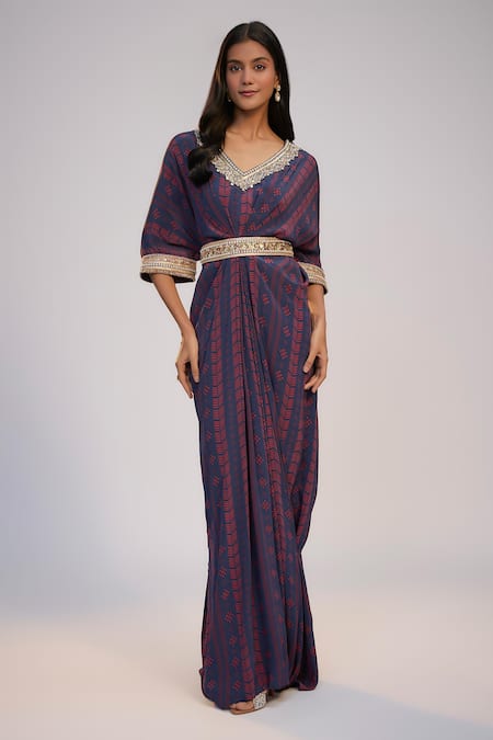 Nadima Saqib Navy Crepe Sequins, Pearls V-neck Blue Printed And Embroidered Kaftan Dress 
