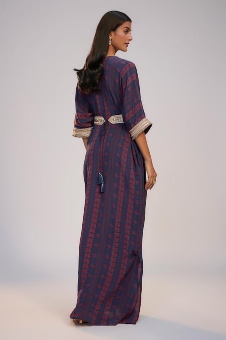 Nadima Saqib Navy Blue Printed & Embroidered Kaftan Dress 