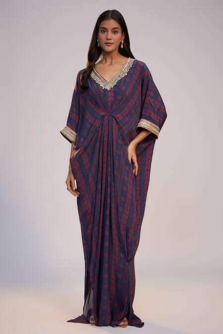 Nadima Saqib_Navy Crepe Sequins, Pearls V-neck Blue Printed And Embroidered Kaftan Dress _Online_at_Aza_Fashions
