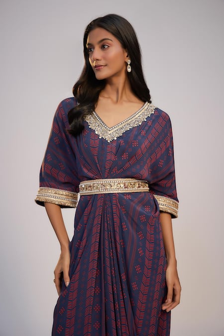 Buy_Nadima Saqib_Navy Crepe Sequins, Pearls V-neck Blue Printed And Embroidered Kaftan Dress _Online_at_Aza_Fashions