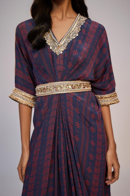 Shop_Nadima Saqib_Navy Crepe Sequins, Pearls V-neck Blue Printed And Embroidered Kaftan Dress _Online_at_Aza_Fashions