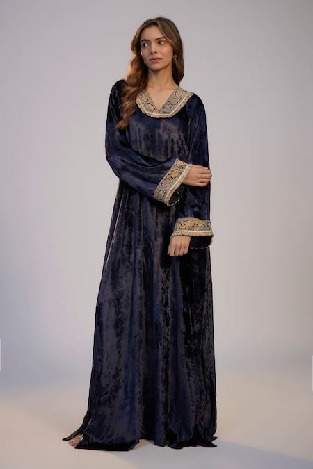 Nadima Saqib Blue Velvet Fringe V-neck Dark Kaftan 