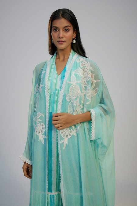Nadima Saqib_Blue Cotton, Georgette, Shantoon Sequins, Embroidery Cyan Jumpsuit With Cape _Online_at_Aza_Fashions