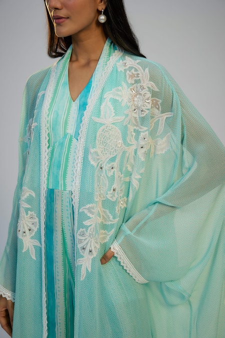 Buy_Nadima Saqib_Blue Cotton, Georgette, Shantoon Sequins, Embroidery Cyan Jumpsuit With Cape _Online_at_Aza_Fashions