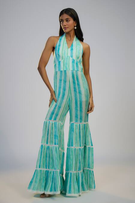 Shop_Nadima Saqib_Blue Cotton, Georgette, Shantoon Sequins, Embroidery Cyan Jumpsuit With Cape _Online_at_Aza_Fashions
