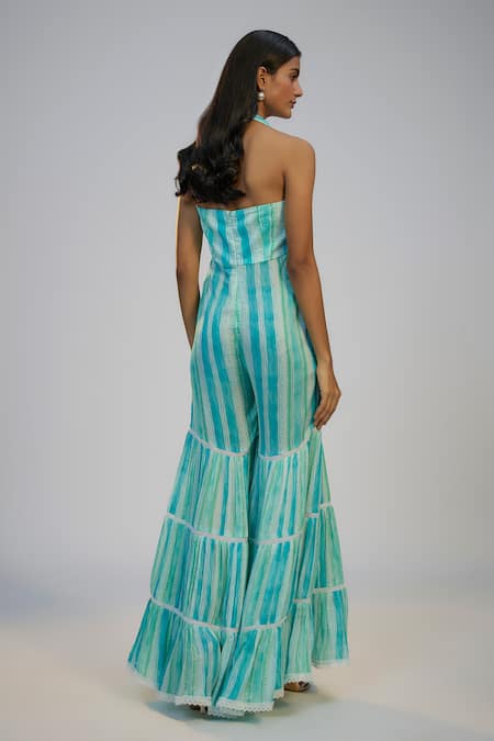 Nadima Saqib_Blue Cotton, Georgette, Shantoon Sequins, Embroidery Cyan Jumpsuit With Cape _at_Aza_Fashions