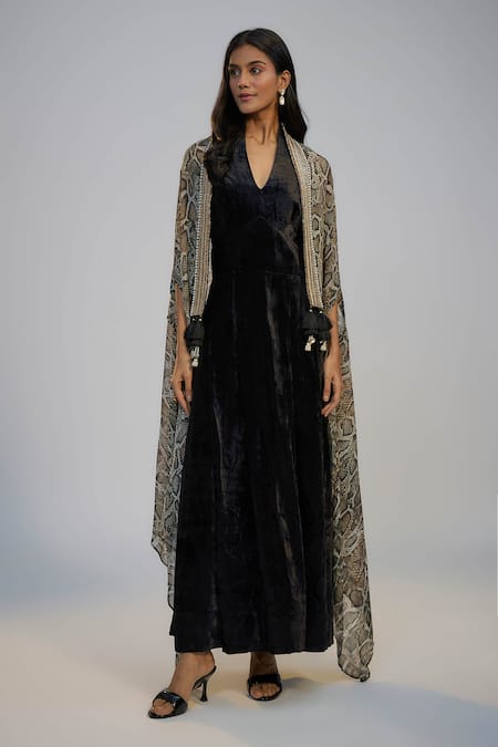 Nadima Saqib Black Velvet Sequins Halter , Open Dress And Printed Cape Set 