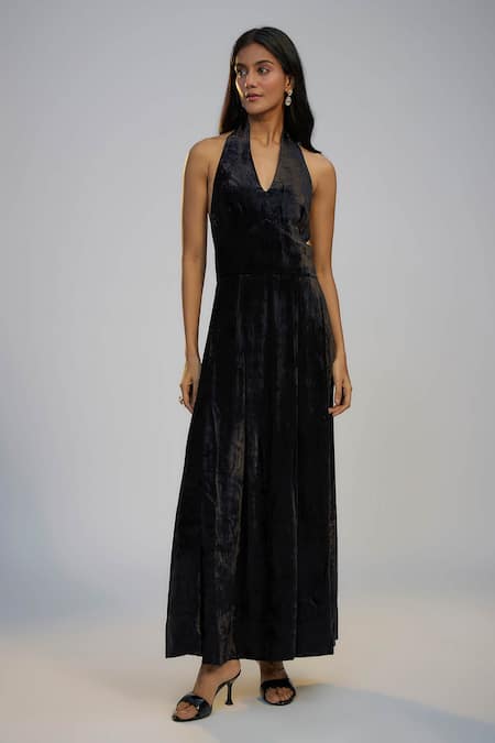 Nadima Saqib_Black Velvet Sequins Halter , Open Dress And Printed Cape Set _Online_at_Aza_Fashions
