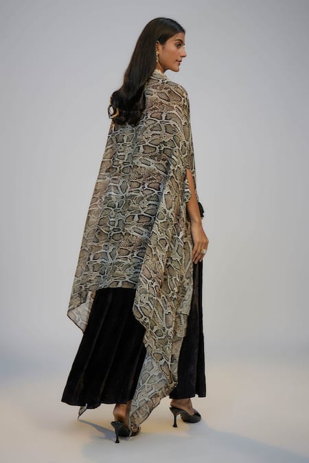 Nadima Saqib Black Dress & Printed Cape Set 