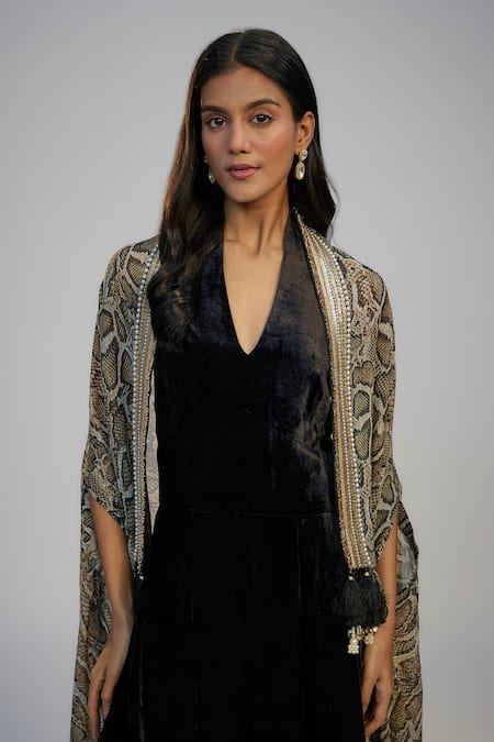Buy_Nadima Saqib_Black Velvet Sequins Halter , Open Dress And Printed Cape Set _Online_at_Aza_Fashions