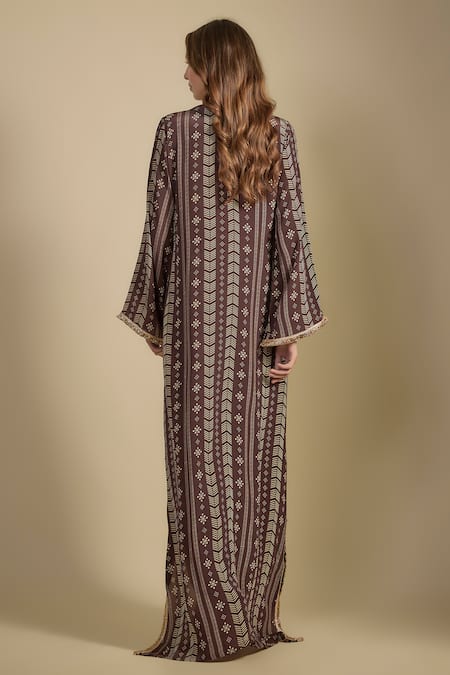 Nadima Saqib Brown Printed & Embroidered Kaftan Dress 