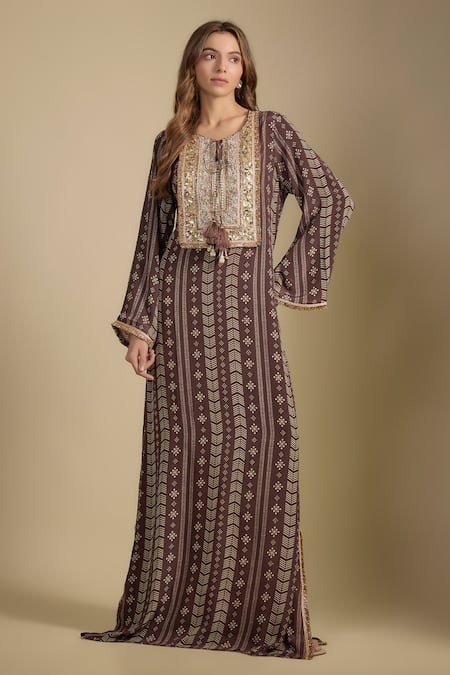 Nadima Saqib Brown Crepe Sequins, Pearls Round Neck Printed And Embroidered Kaftan Dress 