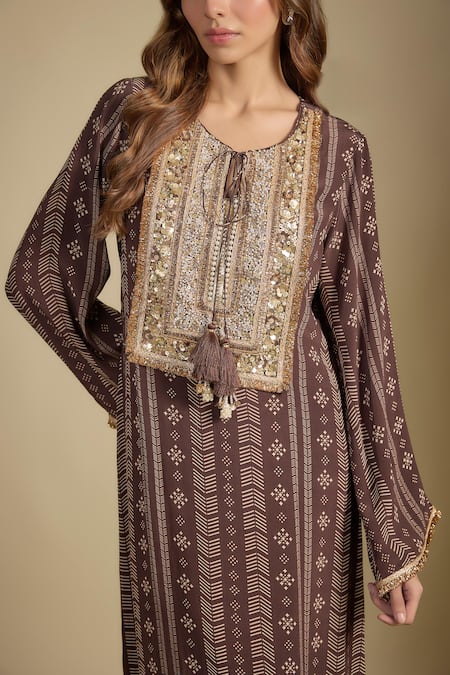 Nadima Saqib_Brown Crepe Sequins, Pearls Round Neck Printed And Embroidered Kaftan Dress _Online_at_Aza_Fashions