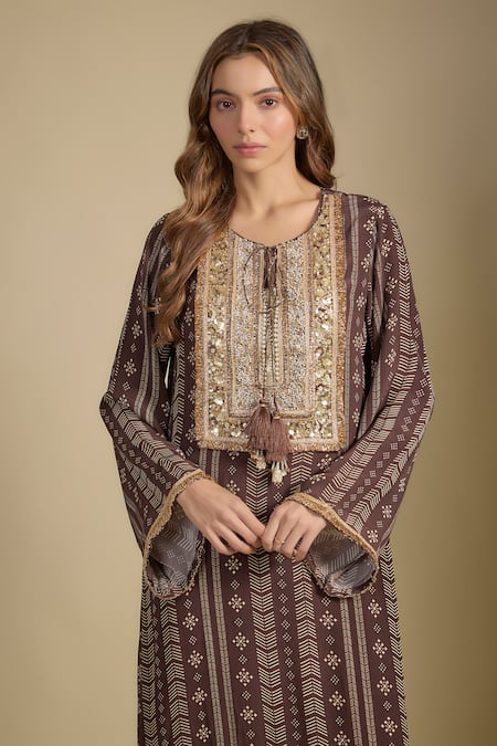 Buy_Nadima Saqib_Brown Crepe Sequins, Pearls Round Neck Printed And Embroidered Kaftan Dress _Online_at_Aza_Fashions