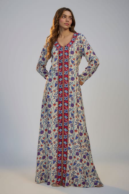 Nadima Saqib Ivory Crepe Embroidery V-neck Printed And Kaftan Dress