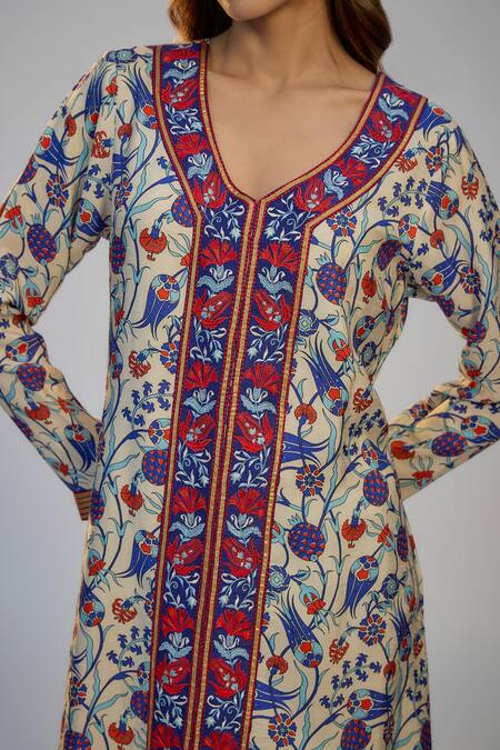 Nadima Saqib_Ivory Crepe Embroidery V-neck Printed And Kaftan Dress _Online_at_Aza_Fashions