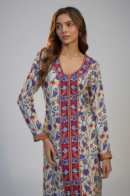 Nadima Saqib Ivory Printed & Embroidered Kaftan Dress 