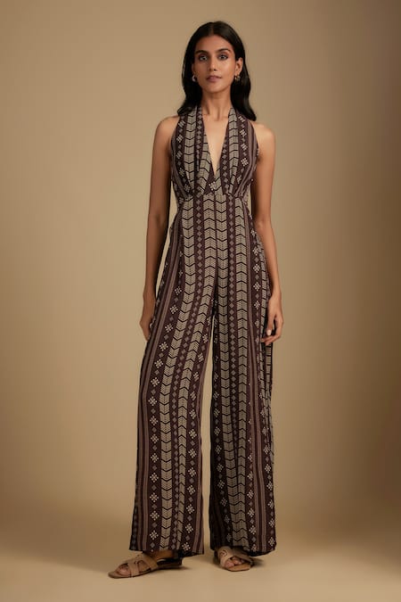 Nadima Saqib_Brown Crepe Open , Halter Velvet Cape With Printed Jumpsuit _Online_at_Aza_Fashions