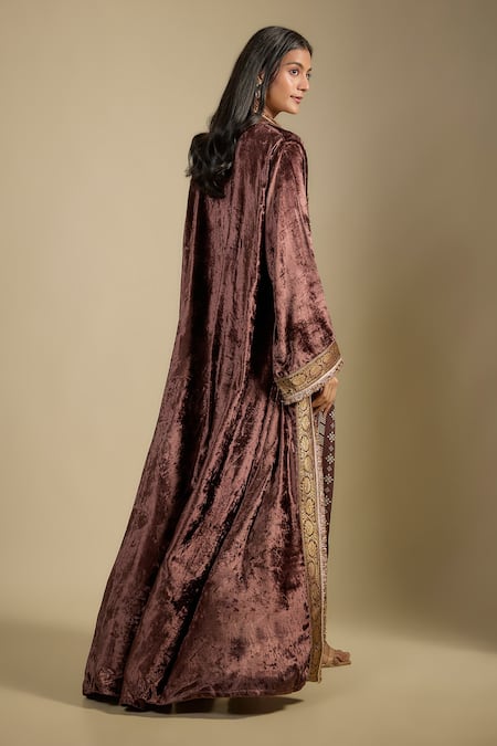 Nadima Saqib Brown Velvet Cape With Printed Jumpsuit 
