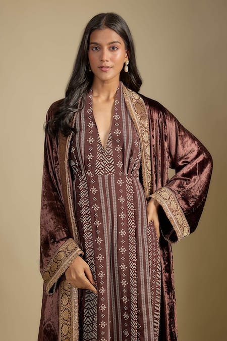 Buy_Nadima Saqib_Brown Crepe Open , Halter Velvet Cape With Printed Jumpsuit _Online_at_Aza_Fashions