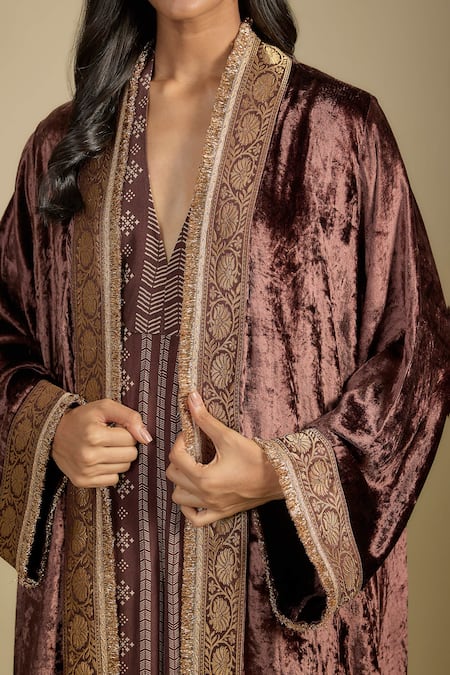 Shop_Nadima Saqib_Brown Crepe Open , Halter Velvet Cape With Printed Jumpsuit _Online_at_Aza_Fashions