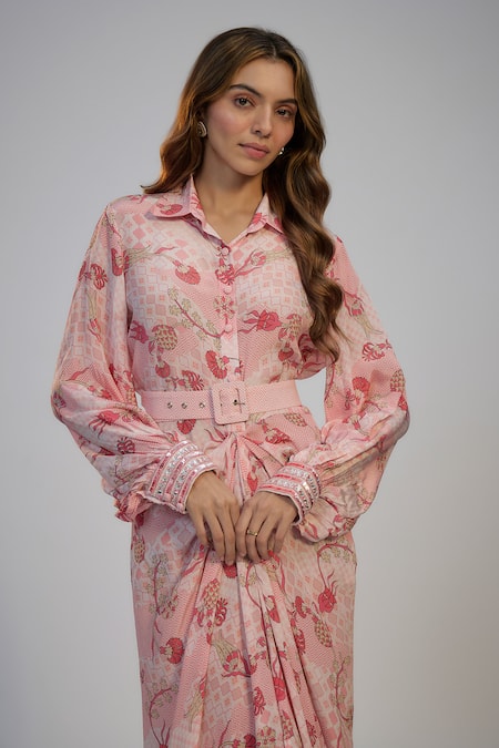 Nadima Saqib Pastel Pink Crepe Printed & Embroidered Dress 